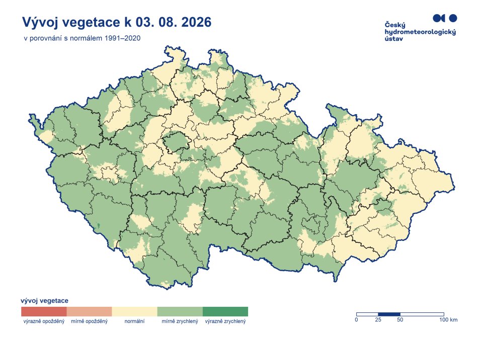 CHMUCHMI's tweet photo. 🟢 Počasí a živá příroda 04_08_2026

🌼 Léto je v plném proudu a příroda se nese ve znamení stále pokračujících žní a dozrávání plodů. Kvetou vrbky a třezalky, dozrávají bezy a jeřabiny, probíhají otavoseče.

🌿🔥 Vývoj vegetace je na většině území mírně zrychlený ve srovnání s normálem 1991–2020. Normální vývoj vegetace pozorujeme roztroušeně napříč republikou, častěji ve vyšších polohách a na severu a východě území. Sucho negativně ovlivňuje vegetaci, způsobuje předčasné žloutnutí a zasychání listů, omezuje vývoj plodů a vede k jejich předčasnému usychání a opadu.

🤧 Dominantním alergenem je pelyněk, pyl trav a jitrocele postupně ubývá. Ve vzduchu je přítomen také pyl rostlin z čeledi merlíkovitých (lebedy a merlíku), kukuřice a kopřivy.
Pylový semafor aktuálně signalizuje na většině našeho území střední pylovou zátěž. V následujících dnech bude postupně pylová zátěž klesat.

🦟 Aktivita komárů je na většině území nepatrná, pouze místy v Polabí, ve středních a jižních Čechách mírná až střední. V nejbližších dnech se aktivita komárů bude zvyšovat.

🕷️ Aktivita klíšťat je na většině území Čech střední a na Moravě mírná. Po návratu z přírody se důkladně prohlédněte a nezapomeňte ani na své čtyřnohé parťáky.

🪳 Rojení lýkožrouta smrkového pokračuje, téměř na celém území probíhá rojení do stínu. Aktuálně sledujeme vývoj jeho druhé generace.

⚠️ Vzhledem k panujícím velmi vysokým teplotám a suchu je vydána výstraha na nebezpečí vzniku požárů.

👀 Mapy a užitečné informace: https://t.co/jq4YeWVS7u