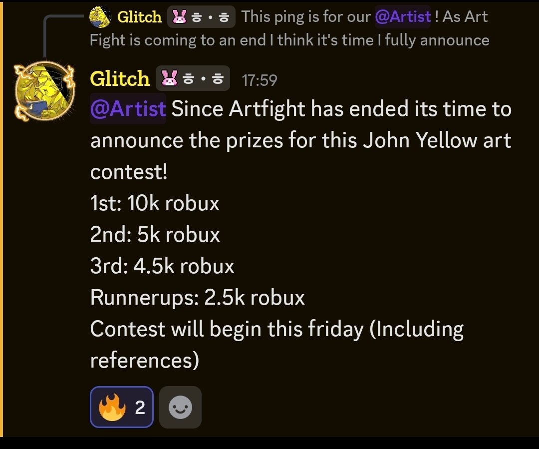 LoomunityHQ's tweet photo. Loomunity is hosting it's 3rd art contest soon for robux! This time it'll be on john yellow, the prizes are as shown

Join up using the link in the replies to participate! #art https://t.co/MHUrjxTbbZ