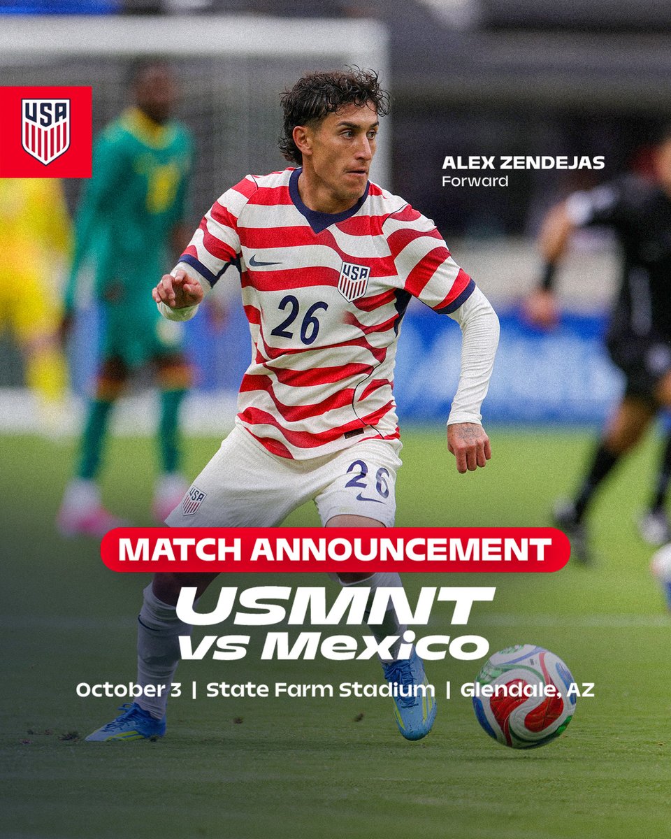 USMNT's tweet photo. A FOUR-MATCH WINDOW IS SET FOR THIS FALL!

🇺🇸🆚🇵🇪 - 9/26 in Orlando, FL

🇺🇸🆚🇨🇱 - 9/29 in St. Louis, MO

🇺🇸🆚🇲🇽 - 10/3 in Glendale, AZ

🇺🇸🆚🇨🇦 - 10/6 in St. Paul, MN

🔗 https://t.co/SVoF4Ixmch https://t.co/RwqDMqC4O8