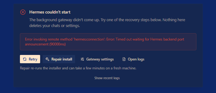 zetaperu's tweet photo. A recurring error in #Hermes Desktop: every time I start or run the program, it begins searching for updates, and these messages appear. Is there any solution besides pressing RETRY? Updates should be notified in advance, not automatic. Recurring problem with #ATOMS @Teknium https://t.co/wkVaMCD1ru