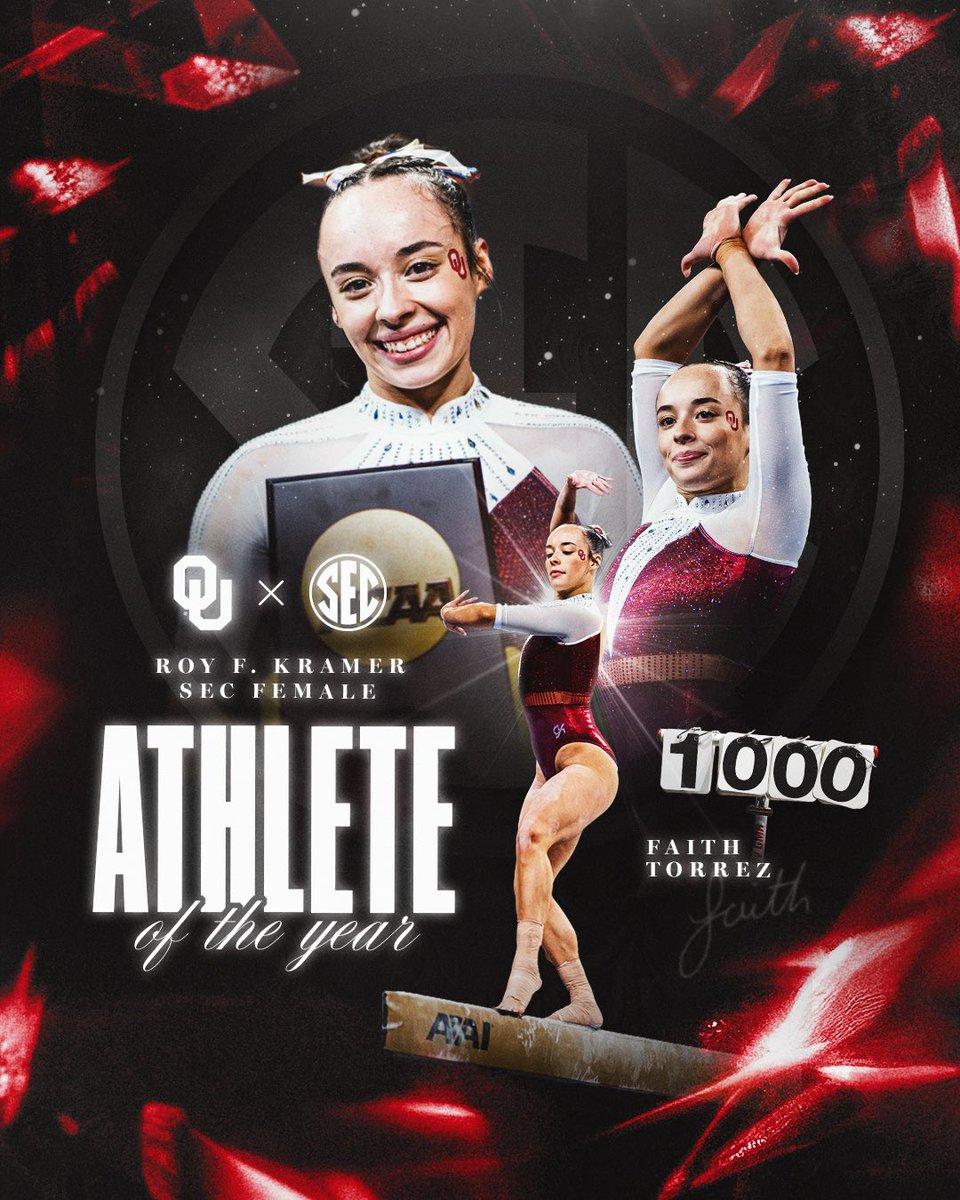 OU_WGymnastics's tweet photo. she just keeps making history 📖

@TorrezFaith is the Roy F. Kramer @SEC Female Athlete of the Year and the first Sooner to receive the honor 👏☝️ https://t.co/UTJfT7pPhF