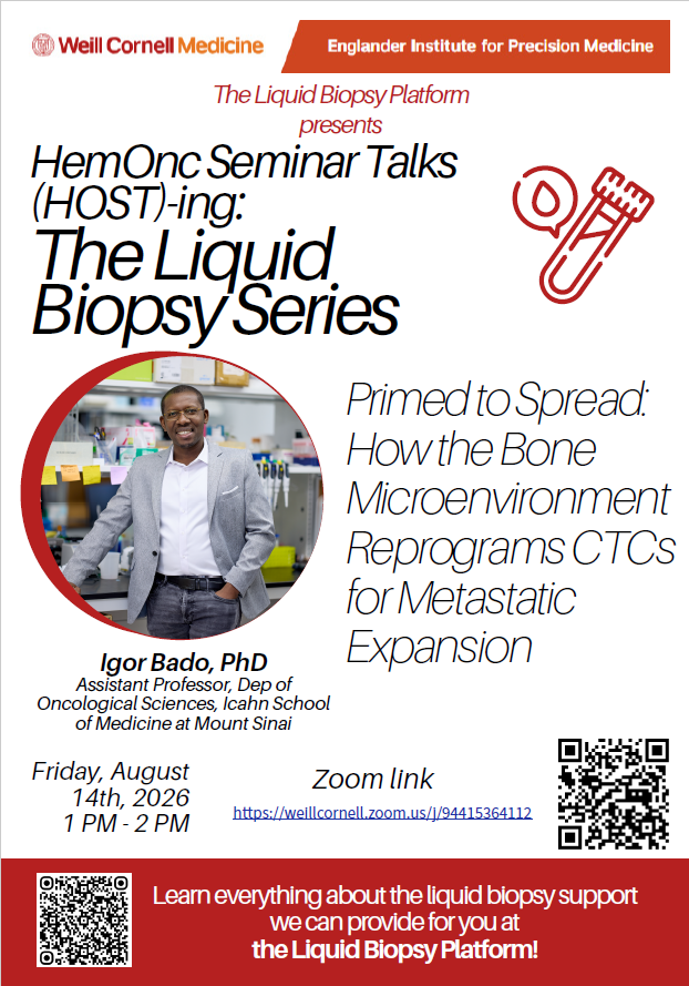 WCMEnglanderIPM's tweet photo. Don't miss next Friday's @WCMEnglanderIPM Liquid Biopsy Platform talk on "How the Bone Microenvironment Reprograms #CTCs for #Metastatic Expansion," by Dr. Igor Bado (@BadoIgor) from @IcahnMountSinai! #metastasis https://t.co/LQUCzXKxrP