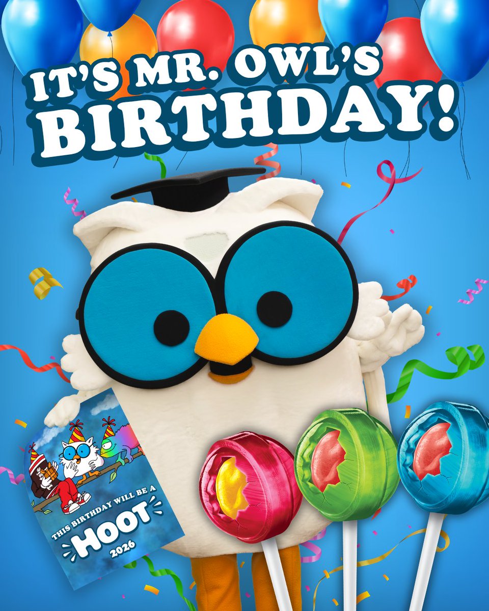 MrOwl's tweet photo. Happy Birthday, Mr. Owl! 🎉To celebrate, we're having a birthday giveaway! 

For today only, you can enter to win an exclusive Mr. Owl Birthday Poster, a 48ct box of Tootsie Pop The Fruit Ones, stickers, pins, and more! 🦉

➡️ https://t.co/82HMz2dRjv https://t.co/fRGMIgEwr0