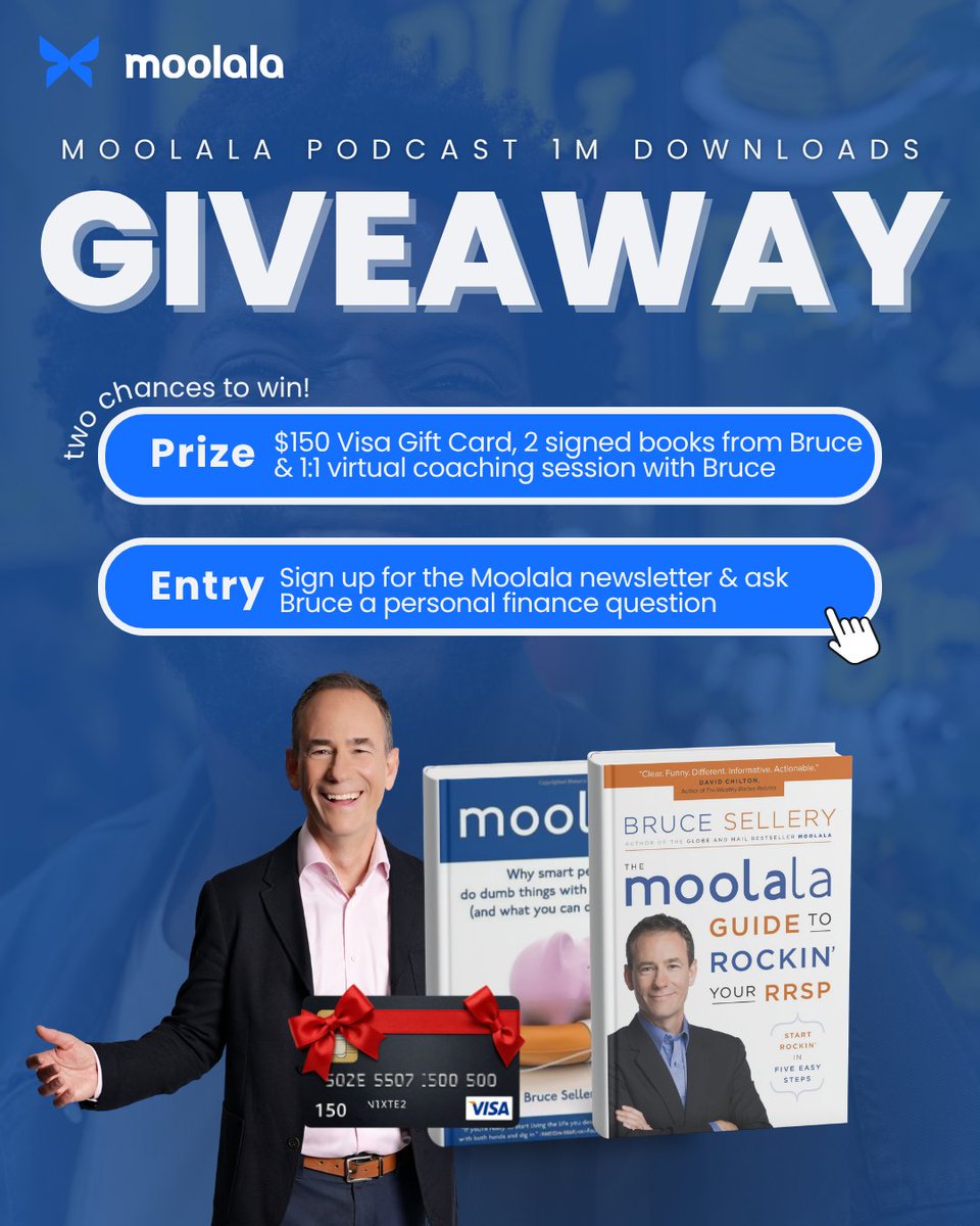 creditcanada's tweet photo. ๐ GIVEAWAY TIME! ๐
We hit 1 MILLION downloads of the #Moolala podcast, and we're celebrating with 2 Moolala prize packs designed to help you build confidence with your money!
Each prize pack consists of: a $150 Visa gift card, 2 signed copies of Bruce Selleryโs books: Why Smart People Do Dumb Things With Their Money and Rockinโ Your RRSP & a 45-min virtual coaching session with Bruce Sellery.
Enter for your chance to win: https://t.co/sAKlXzJxpa
#Moolala #MoneyMadeSimple #FinancialWellness