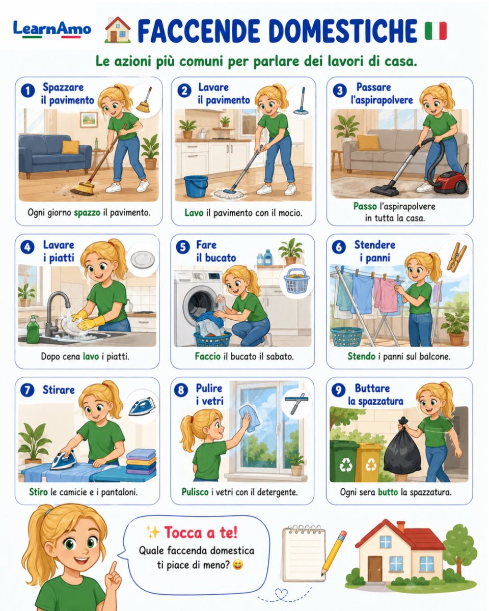 LearnAmo's tweet photo. 🏠✨ Faccende domestiche in italiano!

Oggi impariamo insieme le 9 azioni più comuni per parlare dei lavori di casa, perfette da usare ogni giorno nelle tue conversazioni! 🧹🧺 Dallo spazzare il pavimento al buttare la spazzatura, ogni immagine ti mostra un verbo utile coniugato al presente indicativo, con un esempio pratico di frase. 📝💬

👇 Ecco il vocabolario essenziale con le traduzioni in inglese:

🧹 Spazzare il pavimento → to sweep the floor
🪣 Lavare il pavimento → to wash/mop the floor
🔌 Passare l'aspirapolvere → to vacuum
🍽️ Lavare i piatti → to wash the dishes
🧺 Fare il bucato → to do the laundry
👕 Stendere i panni → to hang out the laundry
👔 Stirare → to iron
���� Pulire i vetri → to clean the windows
🗑️ Buttare la spazzatura → to take out the trash

✨ Quale faccenda domestica ti piace di meno?  😄👇