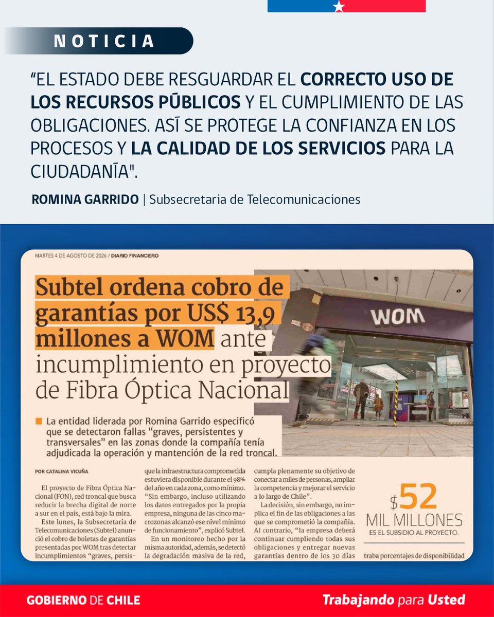 subtel_chile's tweet photo. Subtel en @DFinanciero 📰📡

Como Subsecretaría de Telecomunicaciones ordenamos el cobro íntegro de garantías a WOM por incumplimientos en el proyecto de Fibra Óptica Nacional (FON) 📶 con el que buscamos reducir la brecha digital en Chile.

#TrabajandoParaUsted https://t.co/blFGHdgdtw