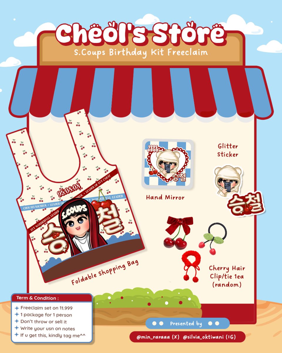 min_raraaa's tweet photo. 𐙚𓏲⋆ 𝓒𝓱𝓮𝓸𝓵'𝓼 𝓢𝓽𝓸𝓻𝓮 ⋆ᡣ𐭩
Freeclaim S.coups Birthday kit🍒
--by 
@min_raraaa

★ ❤️ + 🔁 are very appreciated
★ must be follow🫶🏻
★ Freebies strictly for couprang n carats only
★ claim by 🍊 25.8 at 08.00 pm
★ link will be sent later
★ Open for trade (DM me) 🥰 https://t.co/L4cr6PB51a