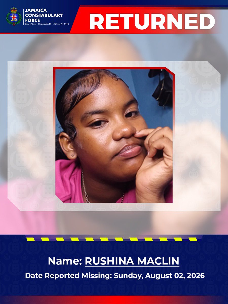 JamaicaConstab's tweet photo. Rushina Maclin, otherwise called ‘Shina’, of Los Angeles Drive, Harbour View, Kingston 17, who has been missing since Sunday, August 02, has returned home.

She is said to be in good health. https://t.co/PiChb8Z87a