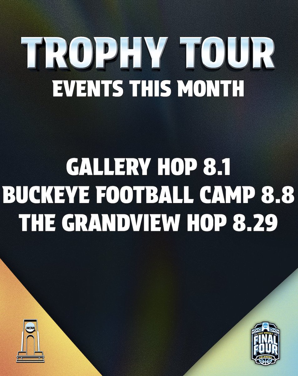 ColumbusSports's tweet photo. New month, new @WFinalFour Trophy Tour stops 😌

We're popping up around the city all month long with our friends @ohiostatefb, @expcols and @grandviewhop to bring the NCAA Women's Final Four trophy to YOU 🏆

Visit https://t.co/Zu4FdAp9Jx for more info. https://t.co/TxseALN5zM