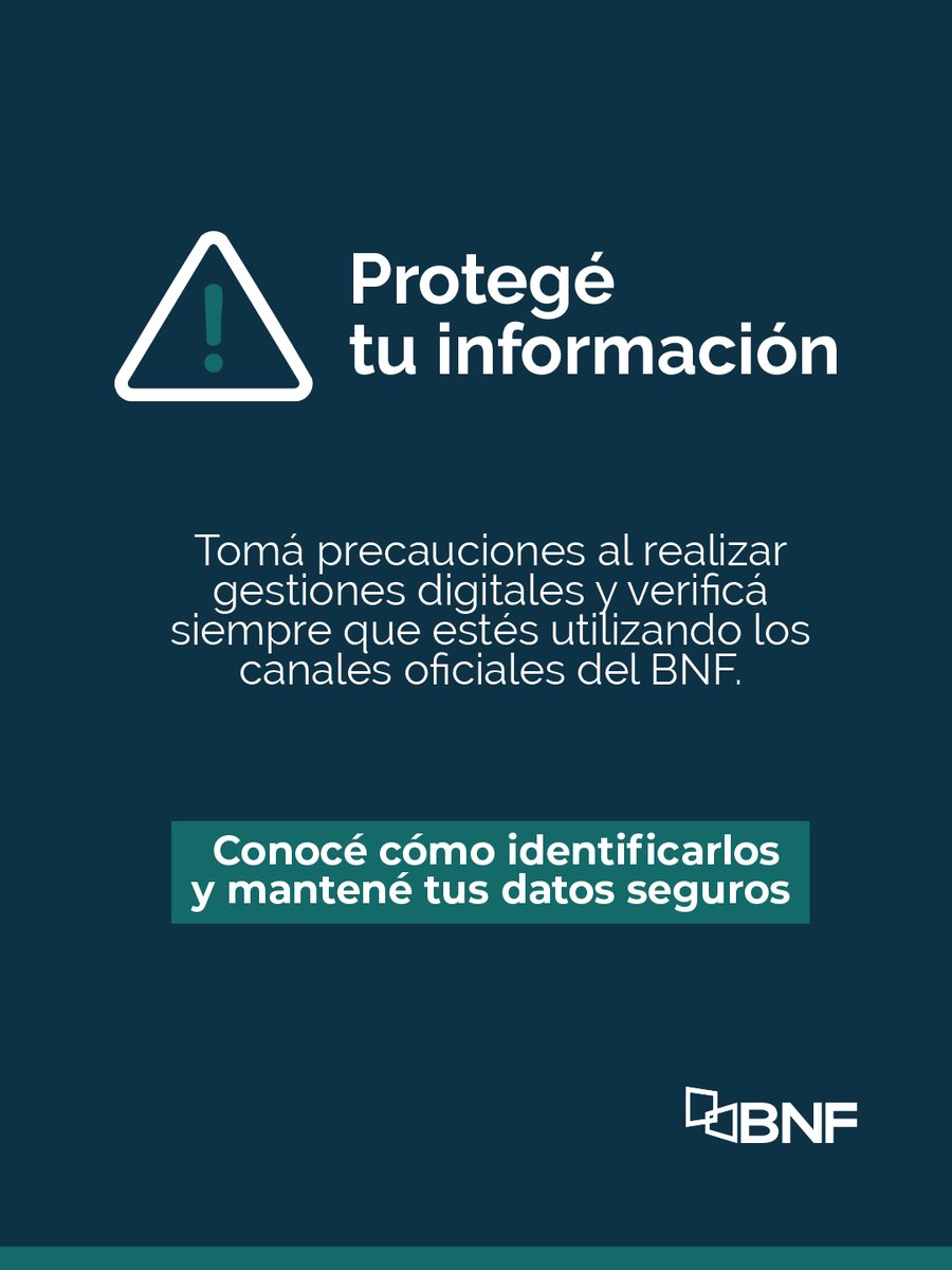 BNF_Py's tweet photo. Los fraudes digitales suelen aprovechar el apuro para engañar. Si recibís un mensaje, una llamada o un enlace inesperado, evitá actuar por impulso. Antes de responder o compartir información, verificá siempre que provenga de un canal oficial del BNF. https://t.co/ixE3ai65o6