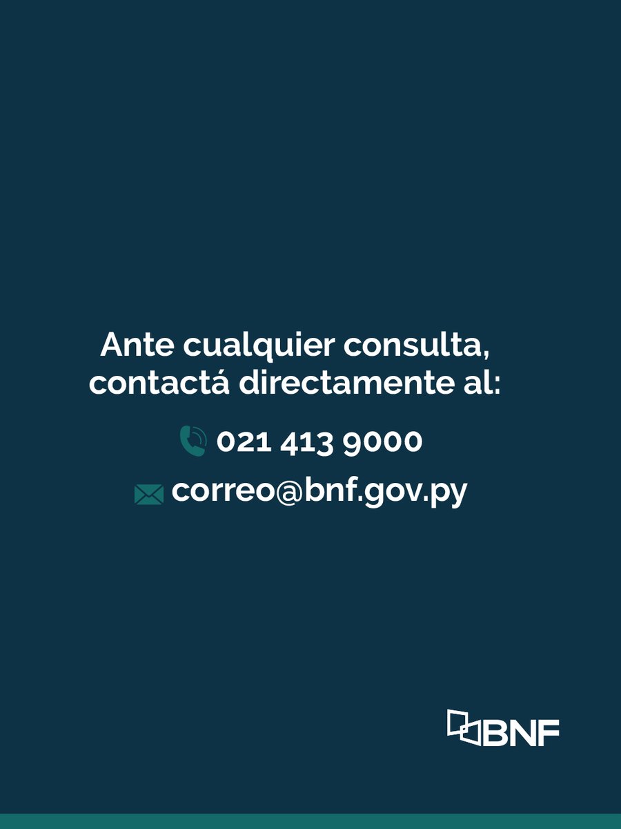 BNF_Py's tweet photo. Conocé nuestros canales oficiales y las principales recomendaciones para realizar tus gestiones de forma más segura.
⠀
Si tenés dudas, comunicate con nosotros al (021) 413 9000 o escribinos a correo@bnf.gov.py https://t.co/X6gGsceDae