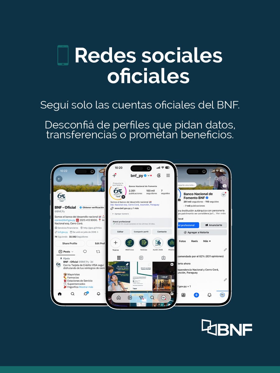 BNF_Py's tweet photo. Conocé nuestros canales oficiales y las principales recomendaciones para realizar tus gestiones de forma más segura.
⠀
Si tenés dudas, comunicate con nosotros al (021) 413 9000 o escribinos a correo@bnf.gov.py https://t.co/X6gGsceDae
