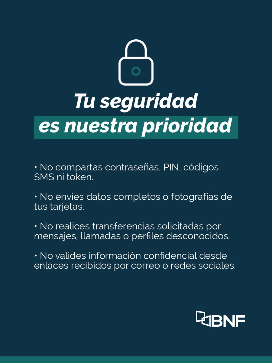 BNF_Py's tweet photo. Conocé nuestros canales oficiales y las principales recomendaciones para realizar tus gestiones de forma más segura.
⠀
Si tenés dudas, comunicate con nosotros al (021) 413 9000 o escribinos a correo@bnf.gov.py https://t.co/X6gGsceDae