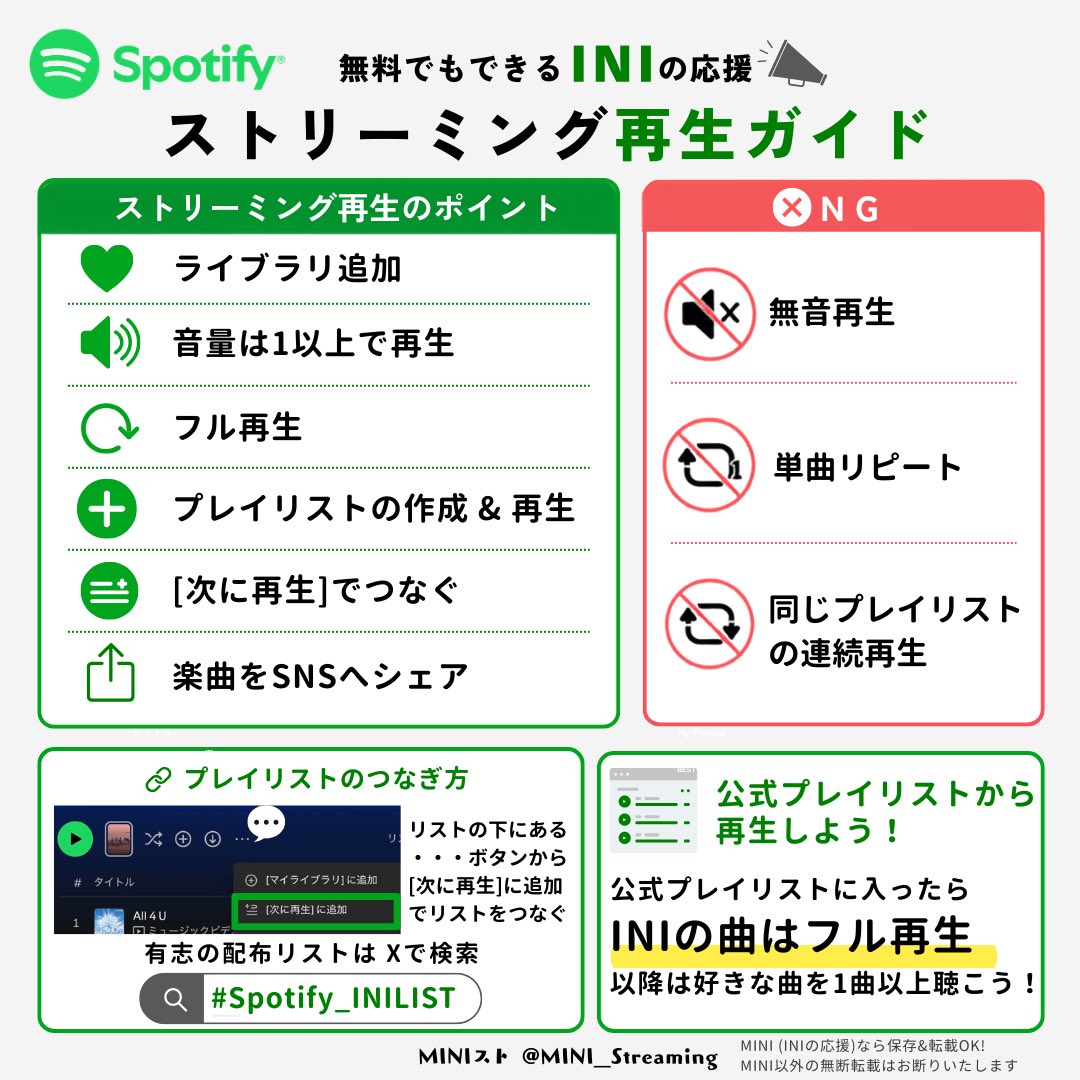 MINI__Streaming's tweet photo. [🟢𝗦𝗽𝗼𝘁𝗶𝗳𝘆プレイリスト🗒️] 
🪧 BEYOND THE SKY プレイリスト
⋆
リスト❶❷1.5時間程
【 INIのみ・BEYOND THE SKY 10回】
▼#Spotify_INILIST🟢
❶https://t.co/rjRpVFvkDX
❷https://t.co/yvlmVhYhMm
.
Spotifyガイド
▷https://t.co/NUZodyHpBV

✅Spotifyの1日の区切りは
🇯🇵朝9:00から翌朝8:59
☑︎ リストループ再生NG❌
☑︎ 使い回しOK
☑︎ [次に再生]で繋いで再生

#INI