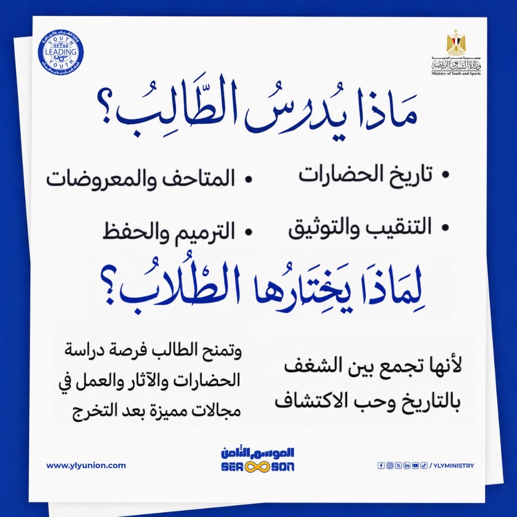 YLYMinistry's tweet photo. محتار تختار أنهي كلية؟ 🎓

عشان نسهّل عليك القرار، هنكون معاك في سلسلة تعريفية بالكليات، وكل مرة هنتكلم عن كلية مختلفة بشكل سريع وبسيط، والنهارده الدور على كلية الآثار 🏛️

قولنا... هل هي من ضمن اختياراتك؟ 👀

#وزارة_الشباب_والرياضة
#اتحاد_شباب_يدير_شباب_YLY https://t.co/NiKtSSxptw