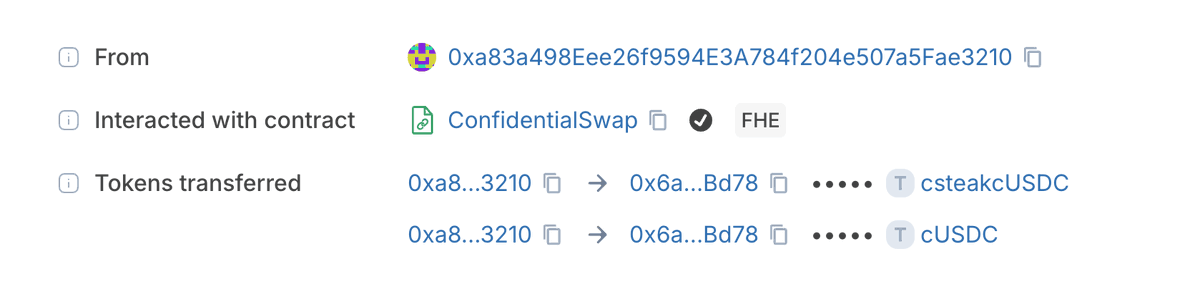 zama's tweet photo. Confidential yield positions are now directly tradable onchain, with full confidentiality from quote to settlement.

The private beta is still open for registration: https://t.co/NK1RWLwfHb

See one of the first live trades on Ethereum mainnet with Zama Confidential RFQ. ⬇️ https://t.co/Dx8VxHhSZQ