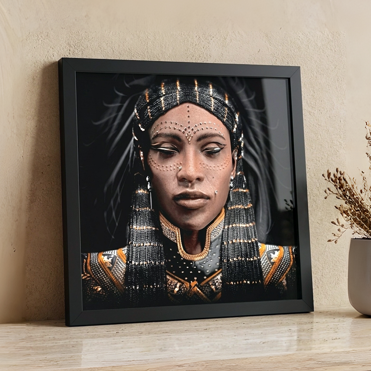 WarriorQueens_'s tweet photo. The portrait remains the same, but the encounter changes.

As independent artwork, Queen Amanishakheto is read through composition and detail.

On fabric, scale and movement enter the image.

In a frame, the surrounding space becomes part of it. https://t.co/3hcd2lkRqn