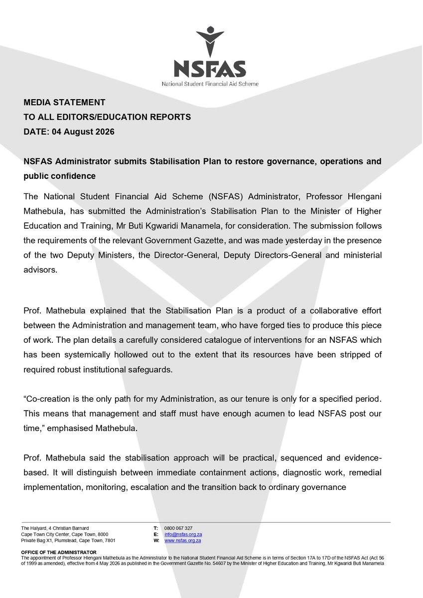 myNSFAS's tweet photo. NSFAS Administrator submits Stabilisation Plan to restore governance, operations and public confidence #NSFAS2026 https://t.co/DoUNwFFT5W