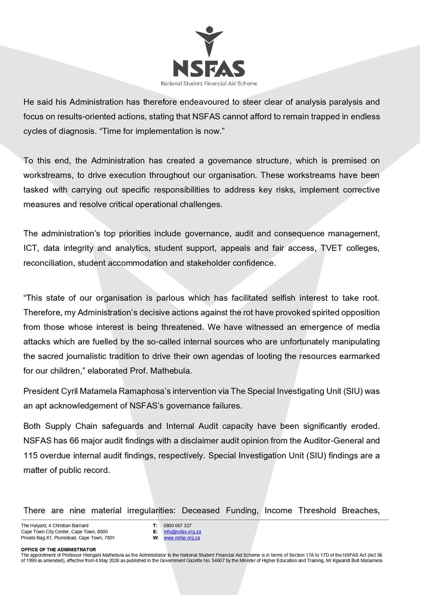 myNSFAS's tweet photo. NSFAS Administrator submits Stabilisation Plan to restore governance, operations and public confidence #NSFAS2026 https://t.co/DoUNwFFT5W