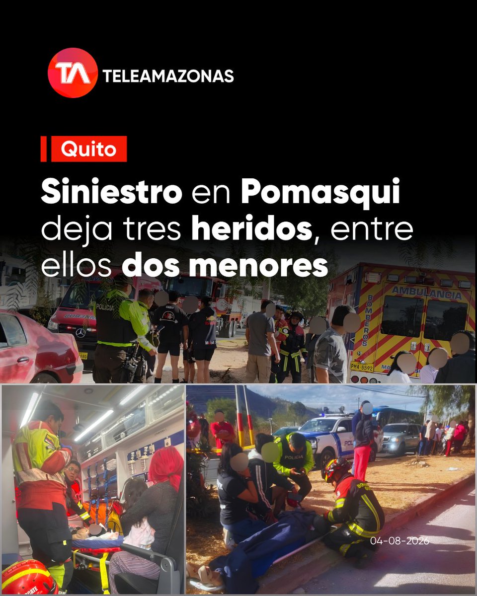 teleamazonasec's tweet photo. https://t.co/OtNILVkiou 👉 Un #siniestro de tránsito registrado, la mañana de este martes 4 de agosto, en la avenida Manuel Córdova Galarza, sector #Pomasqui, dejó un adulto y dos menores de edad heridos. https://t.co/oBXf3AHQ4a