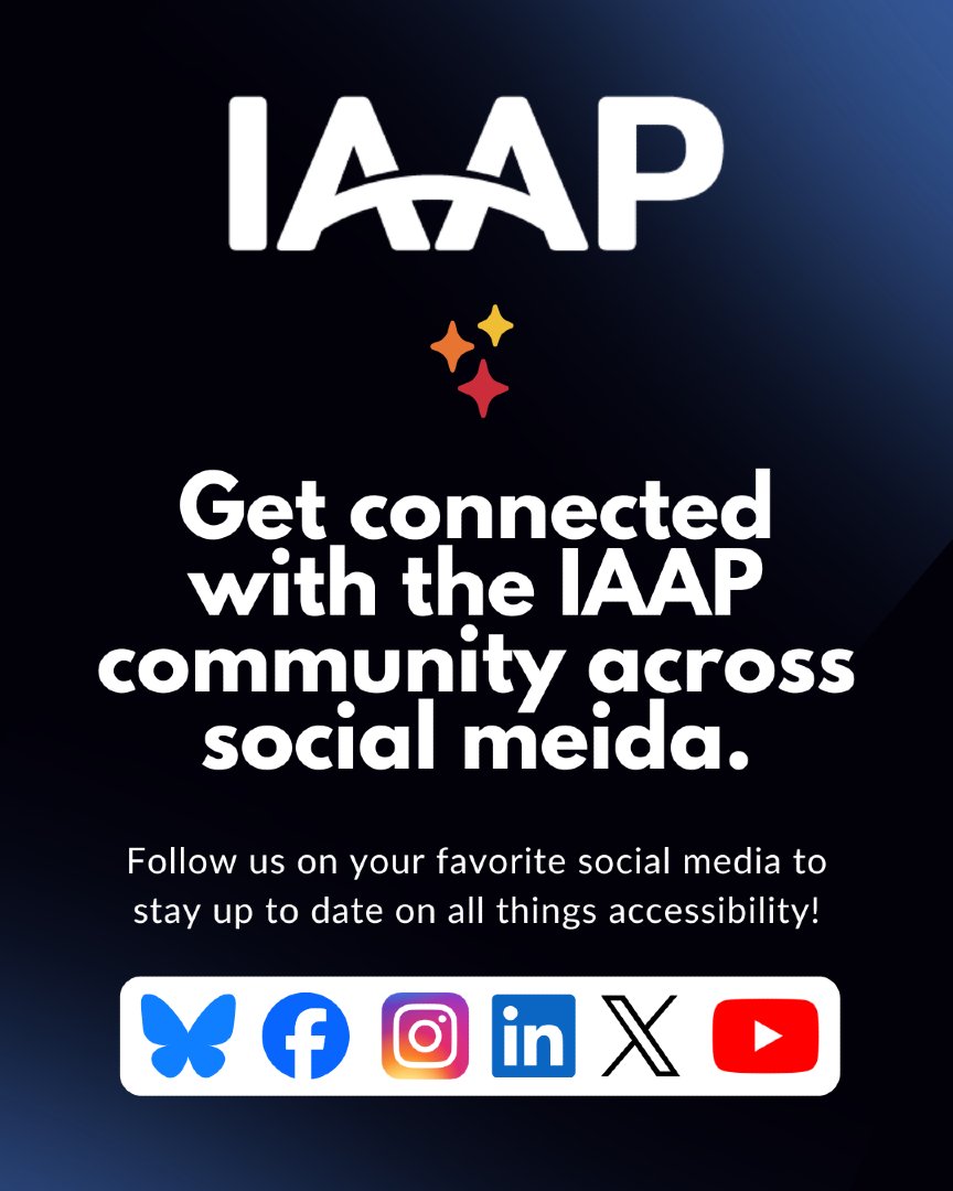 IAAPOrg's tweet photo. Stay connected with the global accessibility community.
 
Follow IAAP across your favorite social media platforms for the latest accessibility news, professional development opportunities, and resources.
 
Join the conversation &amp; follow #IAAP today!

#UnitedInAccessibility https://t.co/GkHAnuScCF