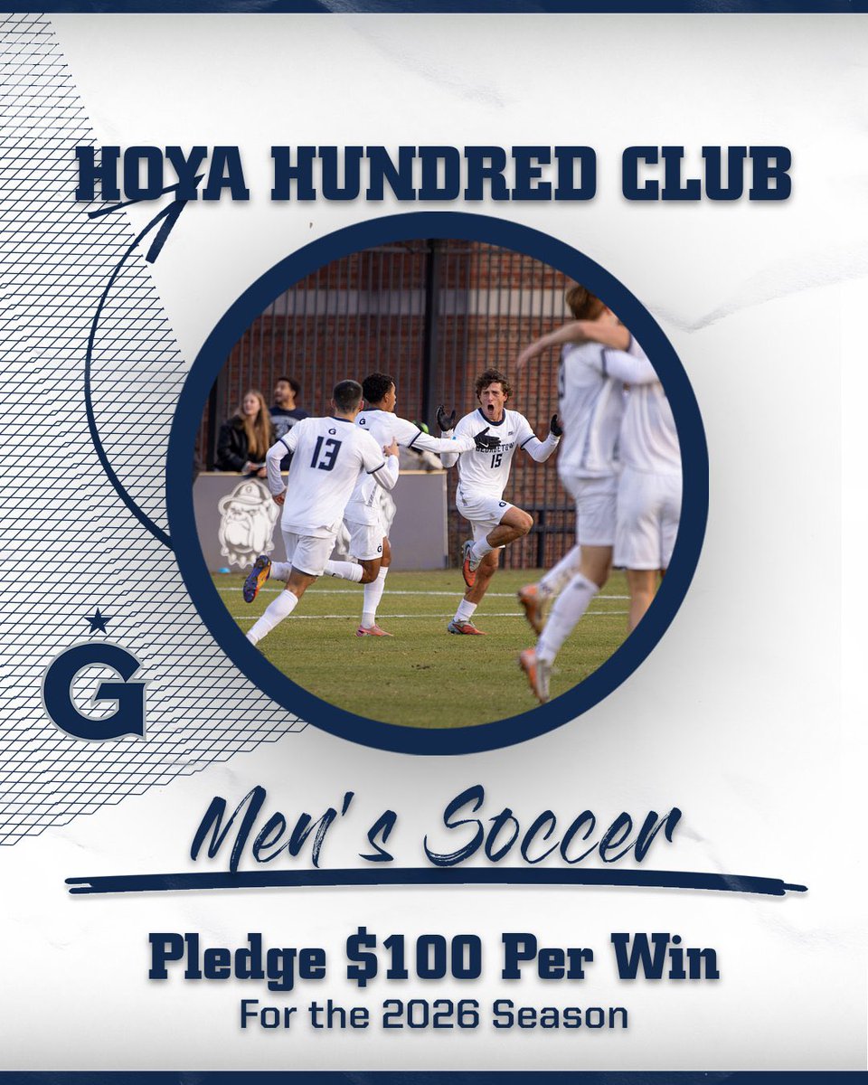 GUHoyasMSoccer's tweet photo. Join the Hoya Hundred Club by pledging $100 for every Men’s Soccer victory this season. Don’t just watch history—be a part of it. 

Click the link to join today! Thank you for your continued support and Hoya Saxa!
https://t.co/wCPlPG8S1e

#HoyaSaxa #HoyaBold https://t.co/y9uAogP09D