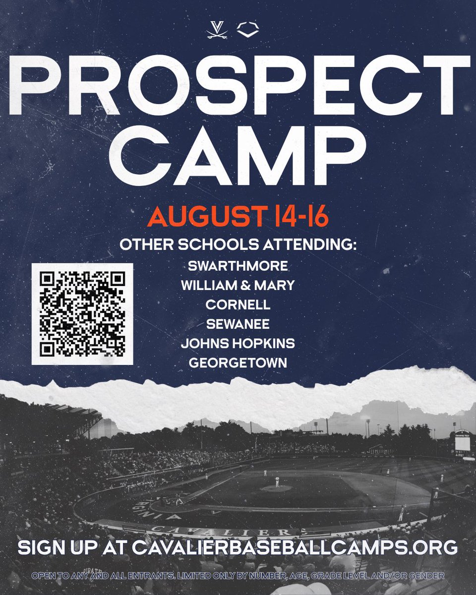 VirginiaRecruit's tweet photo. Only about 10 spots remain for our final Prospect Camp of the summer! 

We’re excited to be joined by the below schools to give you a total of 7 staffs actively evaluating and recruiting camp! 

Hit the QR code to sign up and we’ll see you at Disharoon Park! 

@UVABaseball https://t.co/6cbgE8XrmM