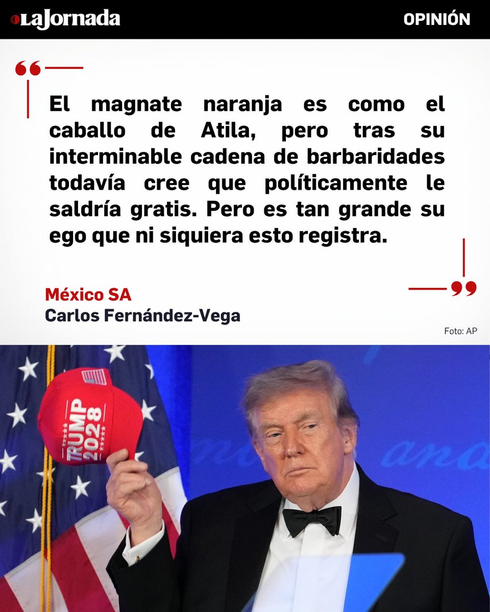 LaJornada's tweet photo. #MéxicoSA, columna de @cafevega

En un año, seis meses y pocos días de su segundo arribo a la Casa Blanca, Donald Trump ha destrozado prácticamente todo, tanto en Estados Unidos como en el resto de la comunidad de naciones: aterroriza al mundo, destroza las relaciones internacionales y la diplomacia, mete la mano en todas partes, para lo cual se ha dedicado a financiar candidatos de ultraderecha y compra gobiernos (ejemplos sobran); cobra millones de vidas con sus “guerras resueltas”, gasta millonadas en sus operaciones militares, agrede a terceros países, lleva a cabo una despiadada cacería de migrantes, la economía gringa es un desastre, despedaza la seguridad social de los estadunidenses, hace pingües negocios con los recursos públicos y lo que se acumule. 

Más información en: https://t.co/9ikNdpEPnU