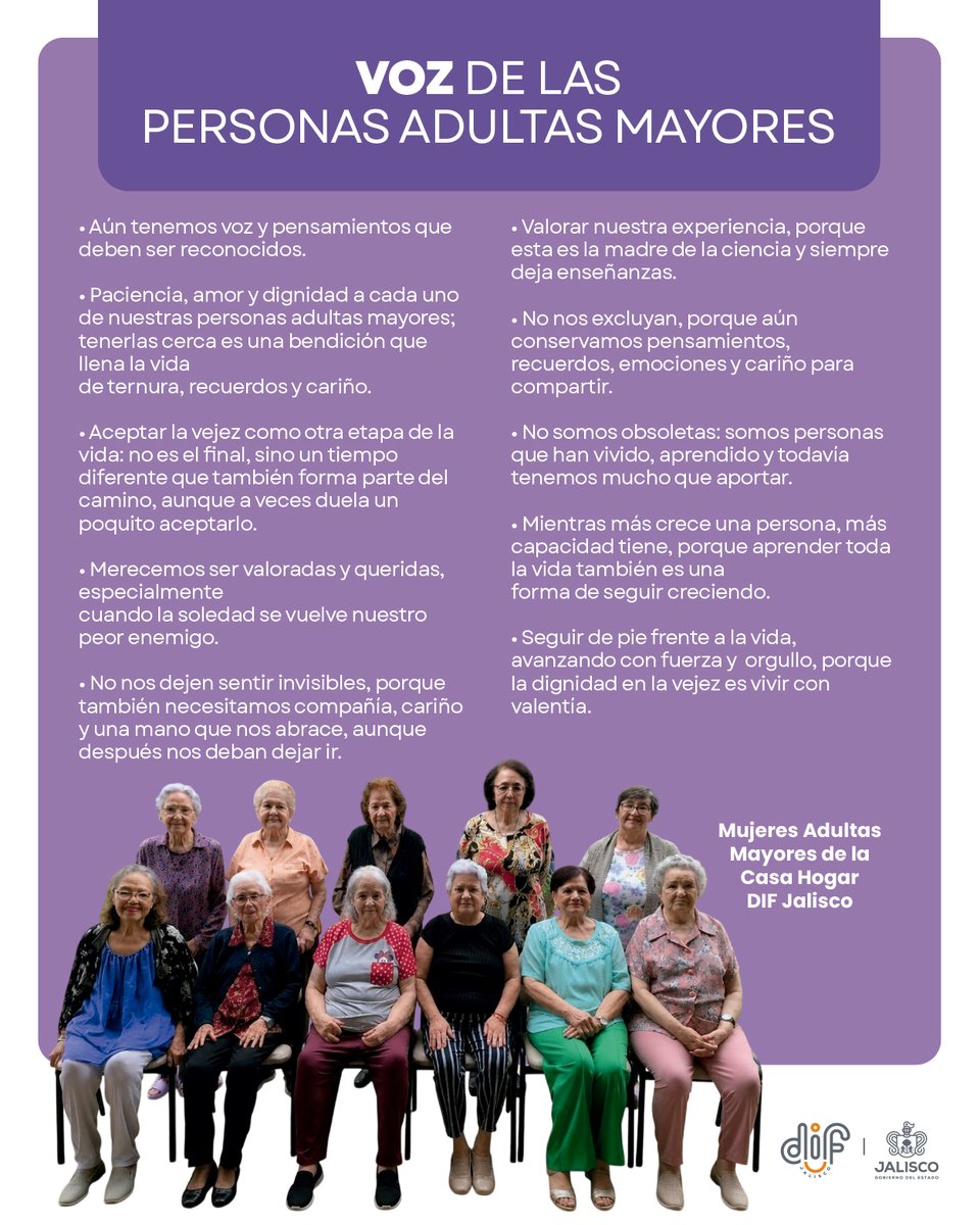 DIFJalisco's tweet photo. 💜Las voces de las personas adultas mayores merecen ser escuchadas y valoradas✨
En DIF Jalisco reafirmamos nuestro compromiso de construir una sociedad donde el respeto, la participación y la dignidad acompañen cada etapa de la vida. 👵🌼
#PersonasAdultasMayores #DIFContigo https://t.co/dre0XH3HMv