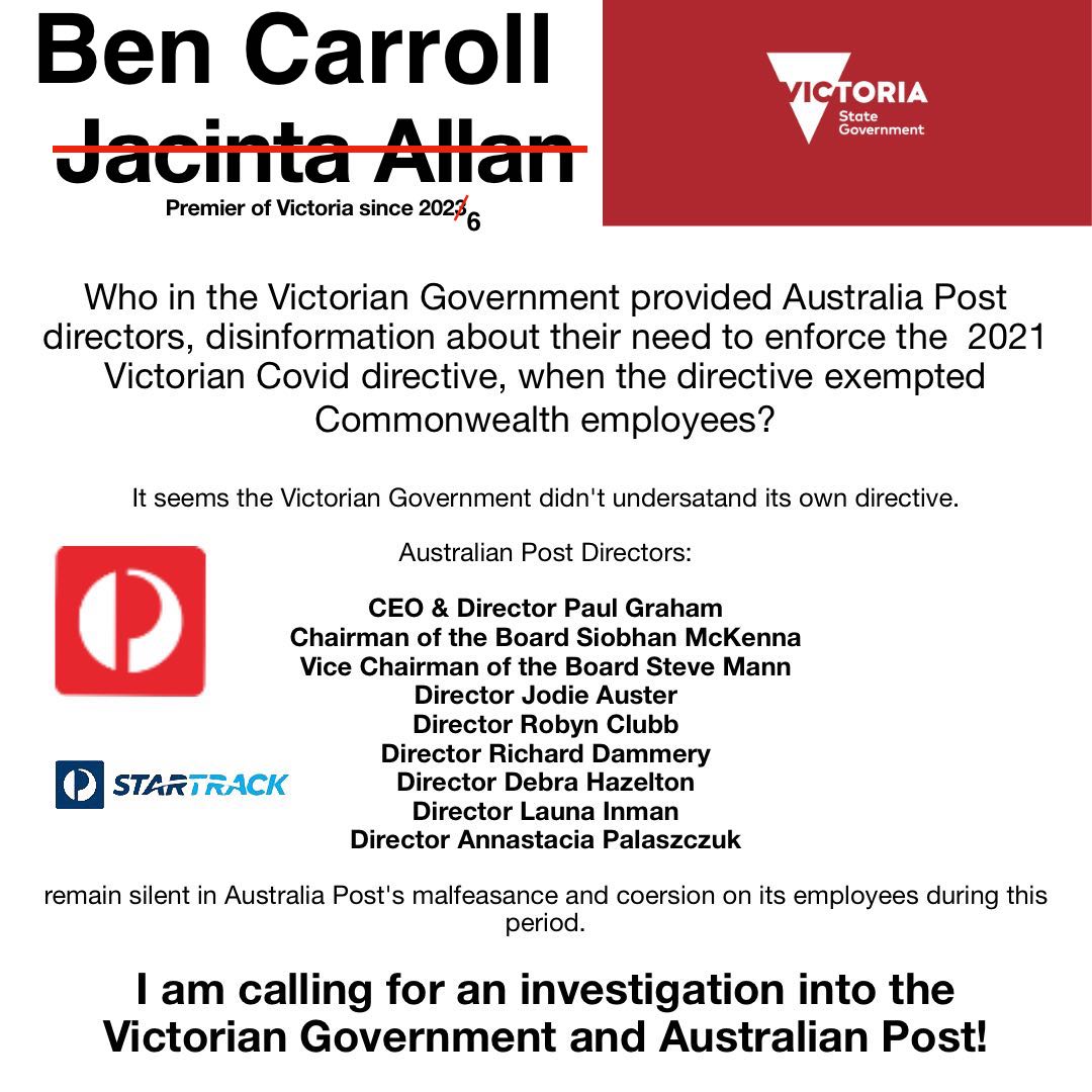 CitizenTherapy's tweet photo. Will Ben Carroll investigate Australia Post/Startrack, the transport Workers Union and team members within the Labor government for the unlawful enforcement of the covid health directive on Commonwealth employees? https://t.co/OCrN8JQiTG