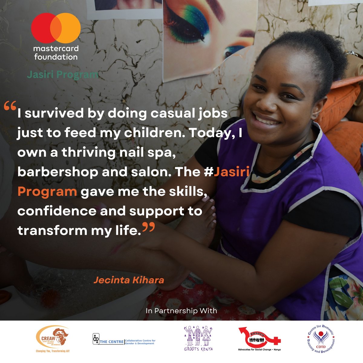 JasiriProgramKe's tweet photo. Jacinta Kihara turned hope into opportunity through the #JasiriProgram. With psychosocial support, financial literacy &amp; a start-up grant, she built a thriving nail spa, barbershop &amp; salon, now employing two people &amp; creating a brighter future for her family.
#FinancialInclusion https://t.co/zJUwiCLE0D