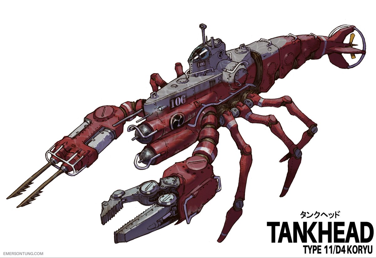 tankhead_mecha's tweet photo. The Koryu subhead was an absolute terror around rocky coasts. Its legs allowed it to hide in rough waters that no normal vessel could survive. Add to that wickedly barbed harpoons along with the most powerful torpedoes of the Neverwar and you have a nautical nightmare. https://t.co/U68Rx15Zch