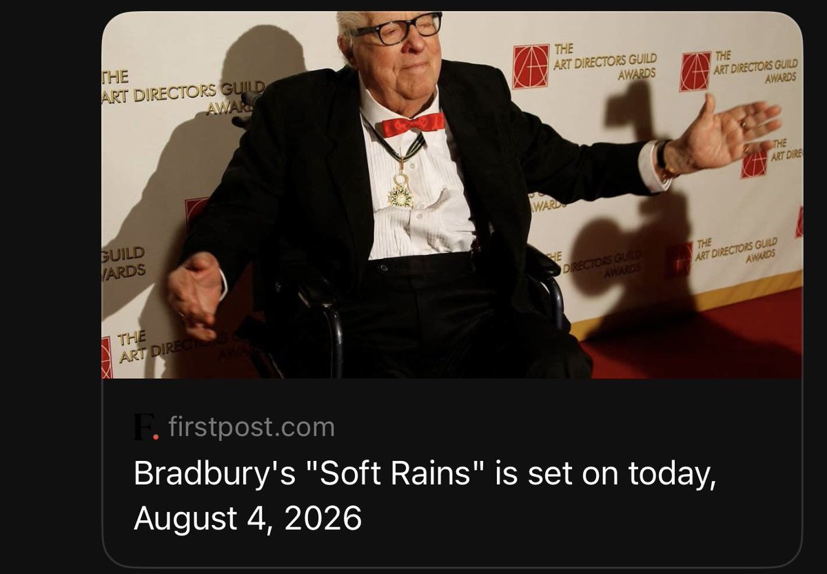 LynnBecker's tweet photo. Hearing sirens throughout the city (the usual first Tuesday of the month 10:00 am test) reminded me that today, August 4th,  2026, is the day Ray Bradbury wrote we were all going to die,

https://t.co/rSVpUgOVpD https://t.co/dWcz8Hve8g