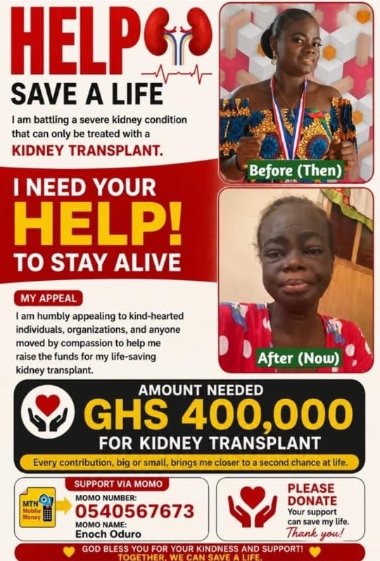 Shejackiesays's tweet photo. Some posts are harder to write than others. 💔
This is Patience Ofori, a former university colleague who is fighting for her life.
She urgently needs a kidney transplant, and her family is trying to raise GH¢400,000 to make it possible.
No one plans for a moment like this, but together, we can help give her a fighting chance.

If you’re able to support in any way no amount is too small, it could make a real difference. And if you’re unable to donate, please share this post. It might reach someone who can.

Mobile Money: 0544104257
Name: Clement Yeboah
Reference: Patience Ofori

Let’s come together for one of our own. Every contribution, every share, and every prayer counts. ❤️🙏🏾