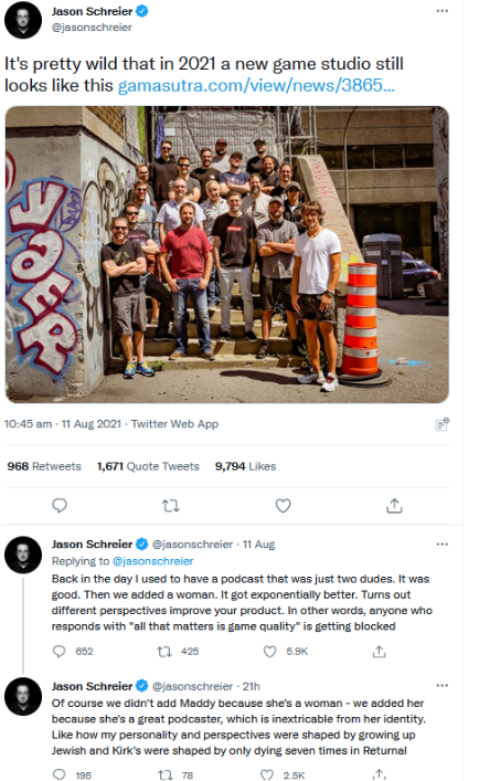 Grummz's tweet photo. Jason Schrier attacked ex-Blizzard dev's studio for not being diverse enough.

Jason lied about the SA in Blizzard to sell his books.

It got devs fired.

Cosby Suite, Breast Milk, were all lies.

And so many believed because if you didn't you would be ruined too for "not listening to women."

But it was actually men like Jason with dollar signs and grift in their eyes that told the tall stories for a cheap buck.