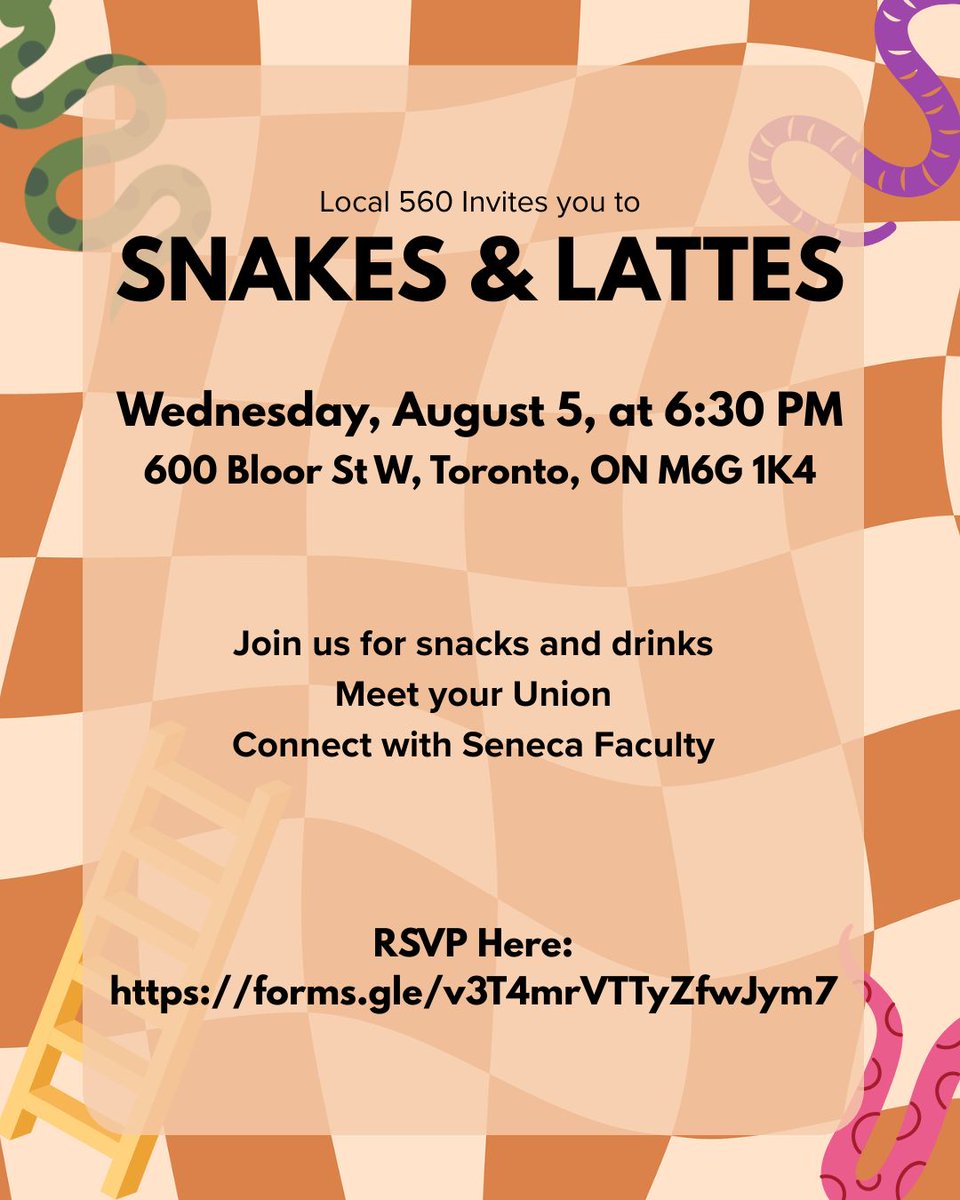 OPSEU560's tweet photo. Join your Seneca Faculty colleagues tomorrow Wednesday, August 5, at 6:30 PM for games, snacks and drinks at our summer social event, at Snakes &amp; Lattes.

RSVP here:
https://t.co/0tlXJrjkZH https://t.co/lwmd1gWsLp