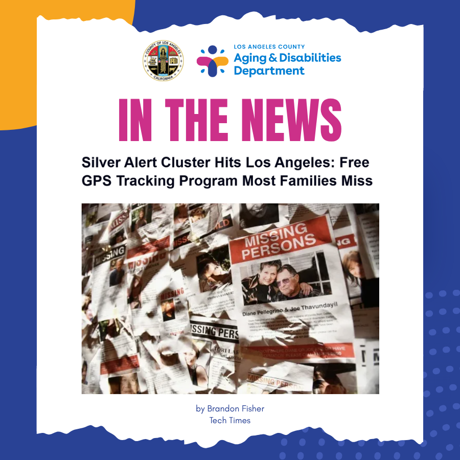 LACountyAD's tweet photo. Keep your loved ones safe with L.A. Found! 

Did you know that #LACountyAD offers free wearable tracking devices to protect older adults and individuals with disabilities who wander? 

Learn about the #LAFound program from this @TechTimes_News article: https://t.co/lqsp7NvEhy. https://t.co/CQjMzeTsFL