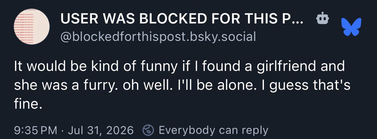 pissvortex's tweet photo. Every time someone clicks block on a post on bluesky this bot detects it and posts it publicly #BlueskyGems https://t.co/l4nV5QIdcU
