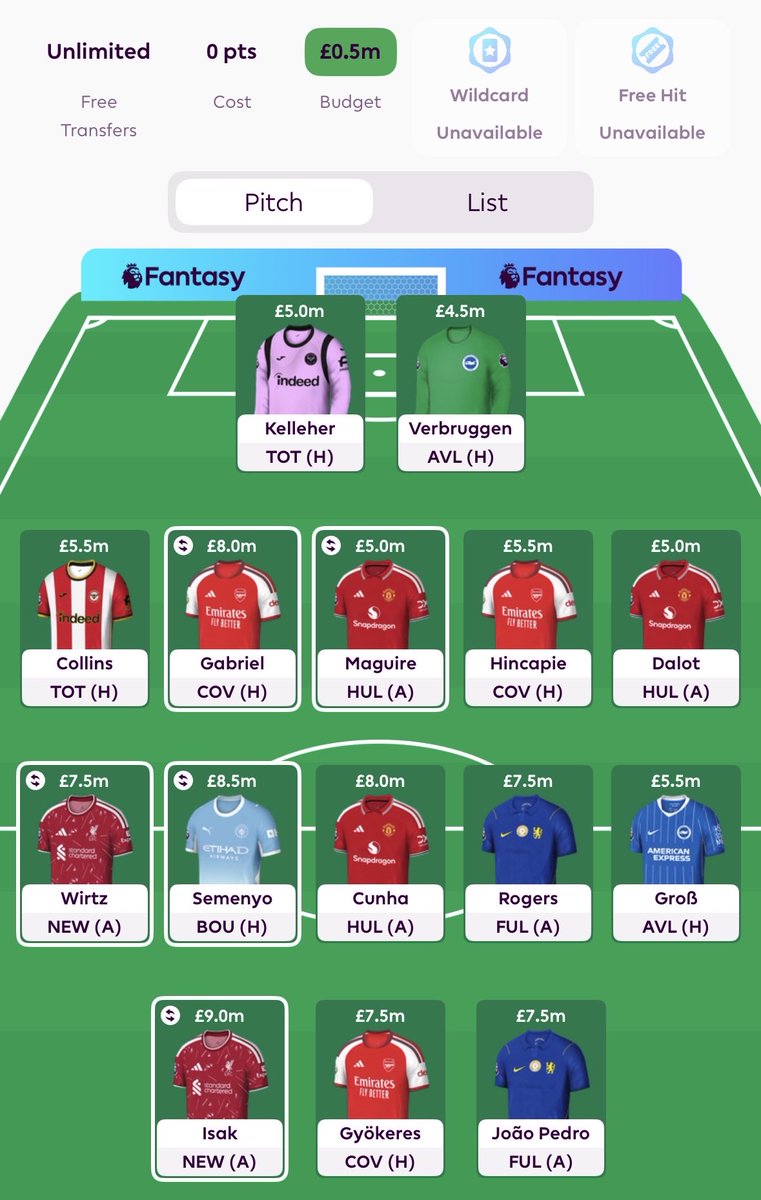 FPLMDisaster's tweet photo. My first #FPL draft

Haaland❌
Bruno❌

Targeting good early fixtures ✅

Probably FH3 and quick WC as well 

Maybe BB 2… 🤔

If Vini joins Arsenal he’s going straight in my team🤫

Looks like it could be fun going against the template😀

Thoughts??? https://t.co/EZ7Dzqgjhk