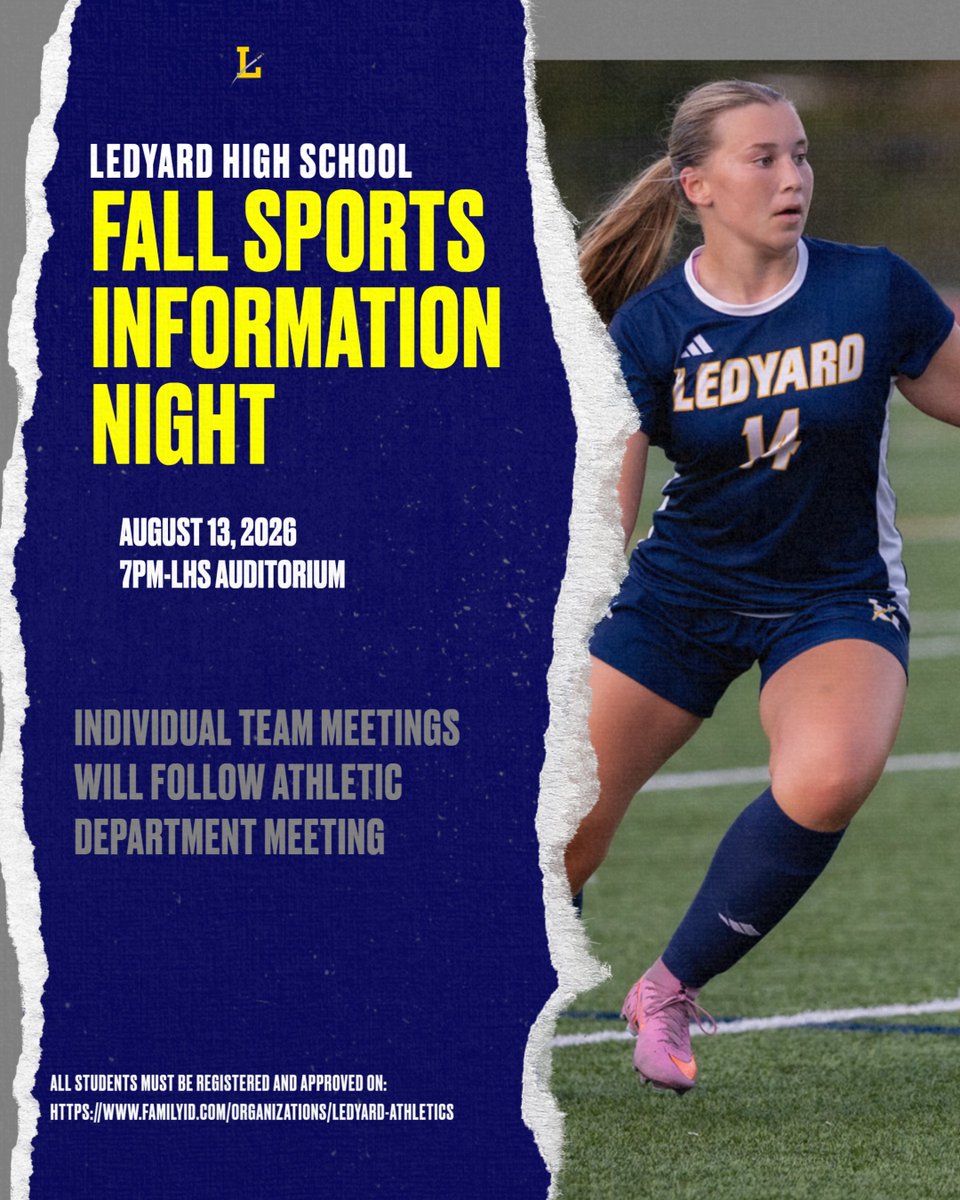 ledyardsports's tweet photo. If you are planning on playing a fall sport, we will see you on August 13th! #LHScolonelpride https://t.co/afMvcodpeD