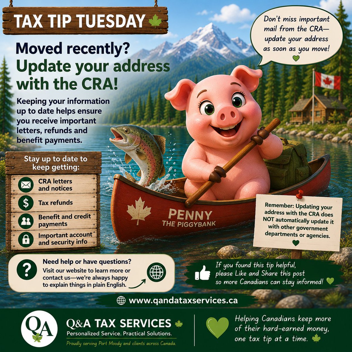 QandATax's tweet photo. 🐷🌲 🇨🇦 Tax Tip Tuesday #2 🇨🇦 🌲🐷

🏡 Moved recently? Don't forget to update your address with the CRA! ✅ It helps ensure you receive important mail, refunds and benefit payments. 🍁

❓Have you remembered to update your address after your last move?

#TaxTipTuesday #Canada https://t.co/4pvFH9WhzQ