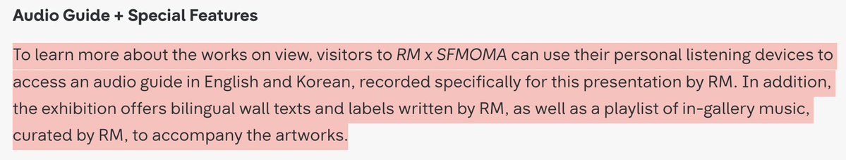 myjoonmymoon's tweet photo. OH MY GOD. There will be a Korean and English audio guide recorded by RM and a playlist of in-gallery music to accompany the artworks! 😭 #RMxSFMOMA @SFMOMA https://t.co/LMNaBMTJ0W