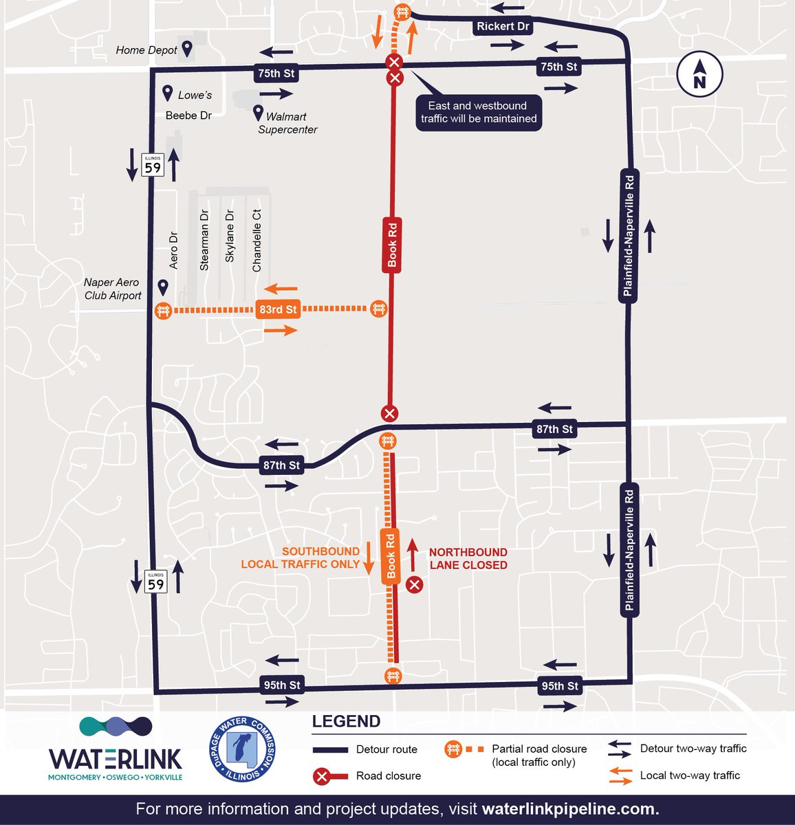 WaterLinkIL's tweet photo. Traffic Update🚧

Starting Mon. (8/10), the detour on Book Rd btwn 87th St &amp; 95th St will change to support safer travel through the area.

This section of Book Rd will remain open to LOCAL TRAFFIC ONLY &amp; southbound traffic only.

Follow posted detours &amp; slow down in work zones. https://t.co/m0hEPv5h8Q