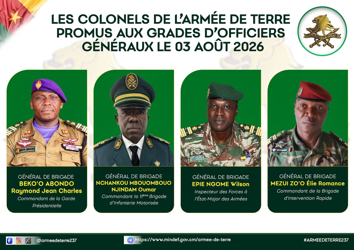 armeedeterre237's tweet photo. L'Armée de Terre adresse ses chaleureuses félicitations aux nouveaux Officiers Généraux et leur souhaite plein succès dans l'accomplissement de leurs nouvelles missions. 
#ForcesArméesCamerounaises #Nominations #OfficiersGénéraux #Commandement #LeadershipMilitaire #Cameroun https://t.co/Bnqxa6tMDW