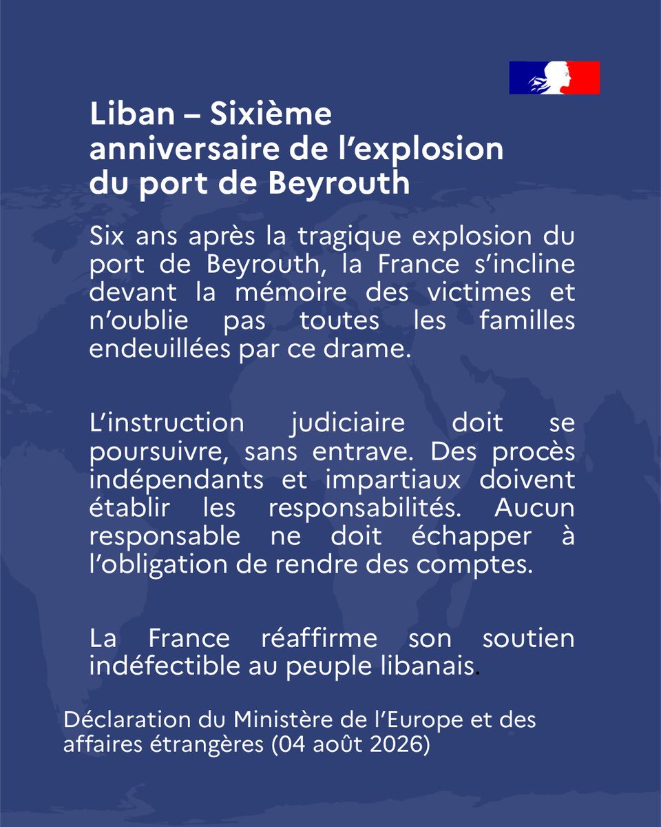 francediplo's tweet photo. #Liban | Six ans après la tragique explosion du port de Beyrouth, la France s’incline devant la mémoire des victimes et n’oublie pas toutes les familles endeuillées par ce drame. https://t.co/6IrLPY8LiY