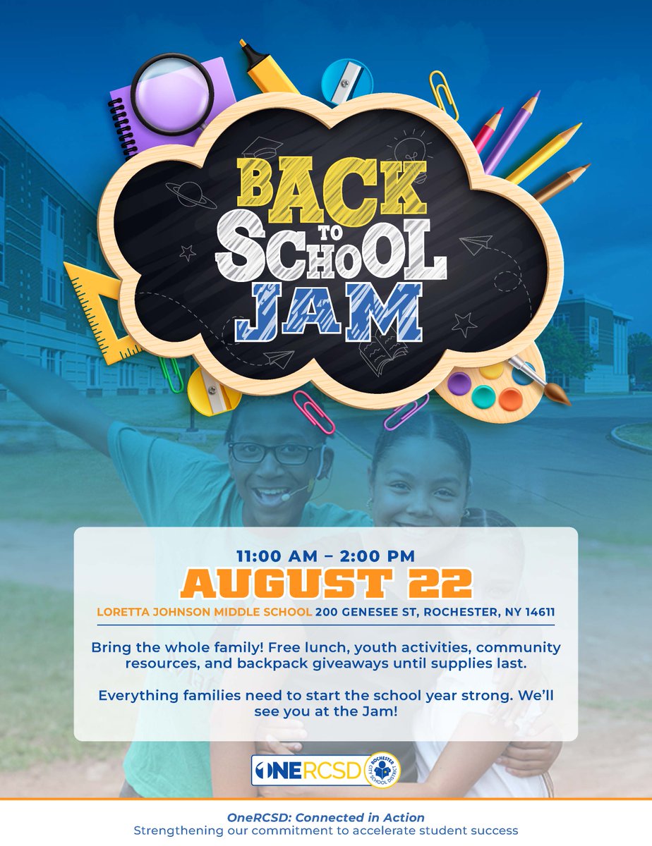 RCSDNYS's tweet photo. Join us at the RCSD Back-to-School Jam on Saturday, August 22, for free lunch, activities, community resources, and backpack giveaways while supplies last.

The event is free, open to all RCSD families, and no registration is needed. See you there!

#ONERCSD https://t.co/1zKxoG6U0u