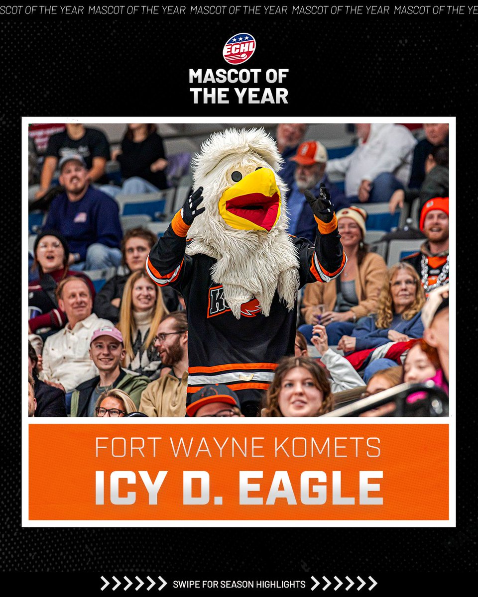 ECHL's tweet photo. ICY SOARS TO THE TITLE! 🦅🏆

The 2025-26 ECHL Mascot of the Year goes to Icy D. Eagle of the Fort Wayne Komets! https://t.co/TAzh2ZhyZz