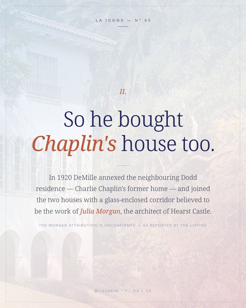 listabidre's tweet photo. In 1916, Cecil B. DeMille paid $28,000 for it. LA ICONS — N° 05.

Under $890,000 in today's money — for a three-year-old Beaux-Arts house at the highest point of Laughlin Park, when Los Feliz was still orange groves and dirt roads.

List free at https://t.co/6ogJTmwWbs 

#LAIcons https://t.co/XAgdwE8wTK