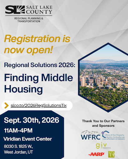 SLCoRegionalDev's tweet photo. 📢 Registration is now open!

Join us for 2026 Regional Solutions: Finding Middle Housing and be part of the conversation on housing solutions, community growth, and regional collaboration.

🎟️ Register today at the link in our bio

#RegionalSolutions #SaltLakeCounty https://t.co/ONOKHHTIRj