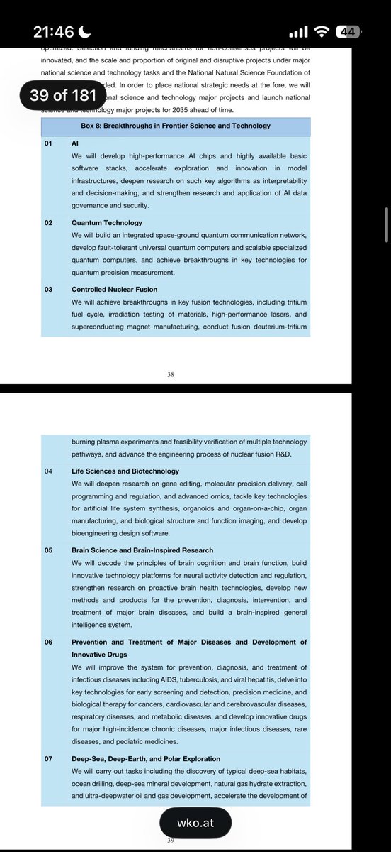 even's tweet photo. China’s 5 year plans are pretty soothing reading. EUV fabs, interpretability, peak carbon, quantum compute. That there’s nothing on population control and little about the military in this one helps. https://t.co/8r35neYEQ7